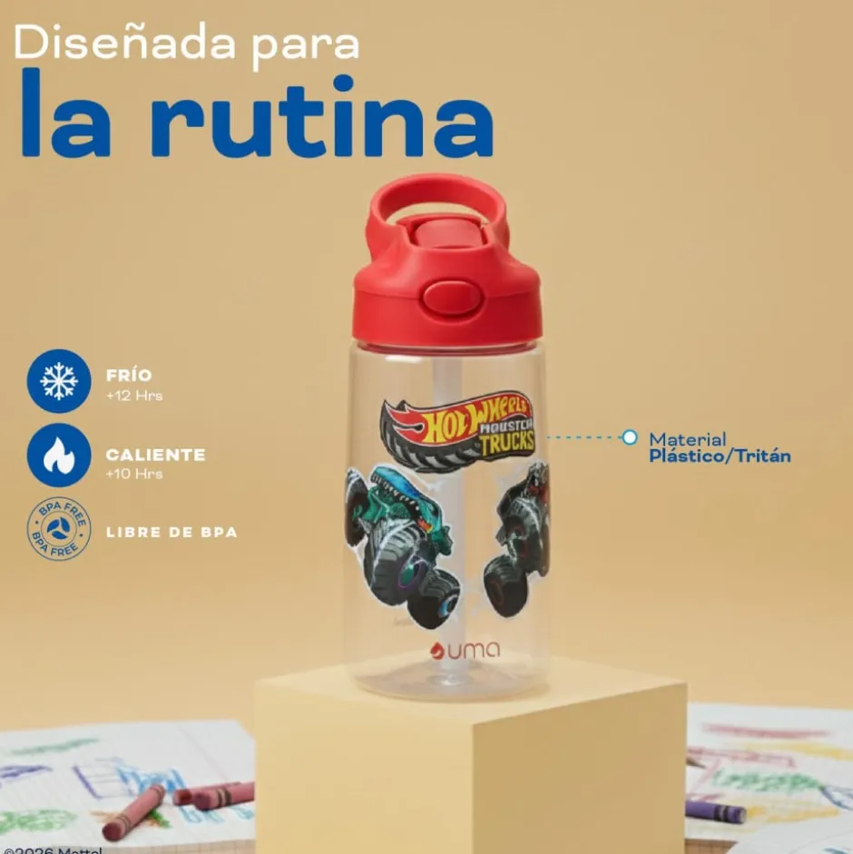 Botella Agua Niños Hot Wheels Monster Truck 420ml con Bombilla UMA
