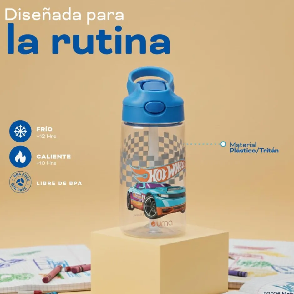 Botella Agua Niños Hot Wheels Race 420ml con Bombilla UMA