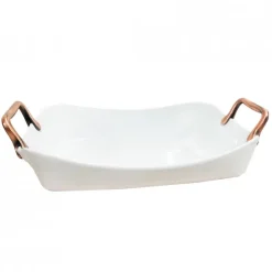 Fuente Rectangular Baja Blanca con Asas Doradas 50x32cm Contour Wolfen