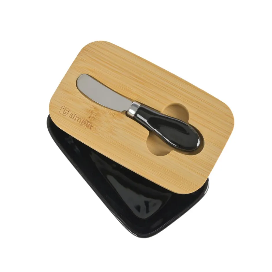 Mantequillero 600 ml Cerámica Negro con Tapa Bamboo + Cuchillo Simplit