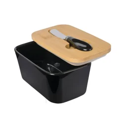 Mantequillero 600 ml Cerámica Negro con Tapa Bamboo + Cuchillo Simplit