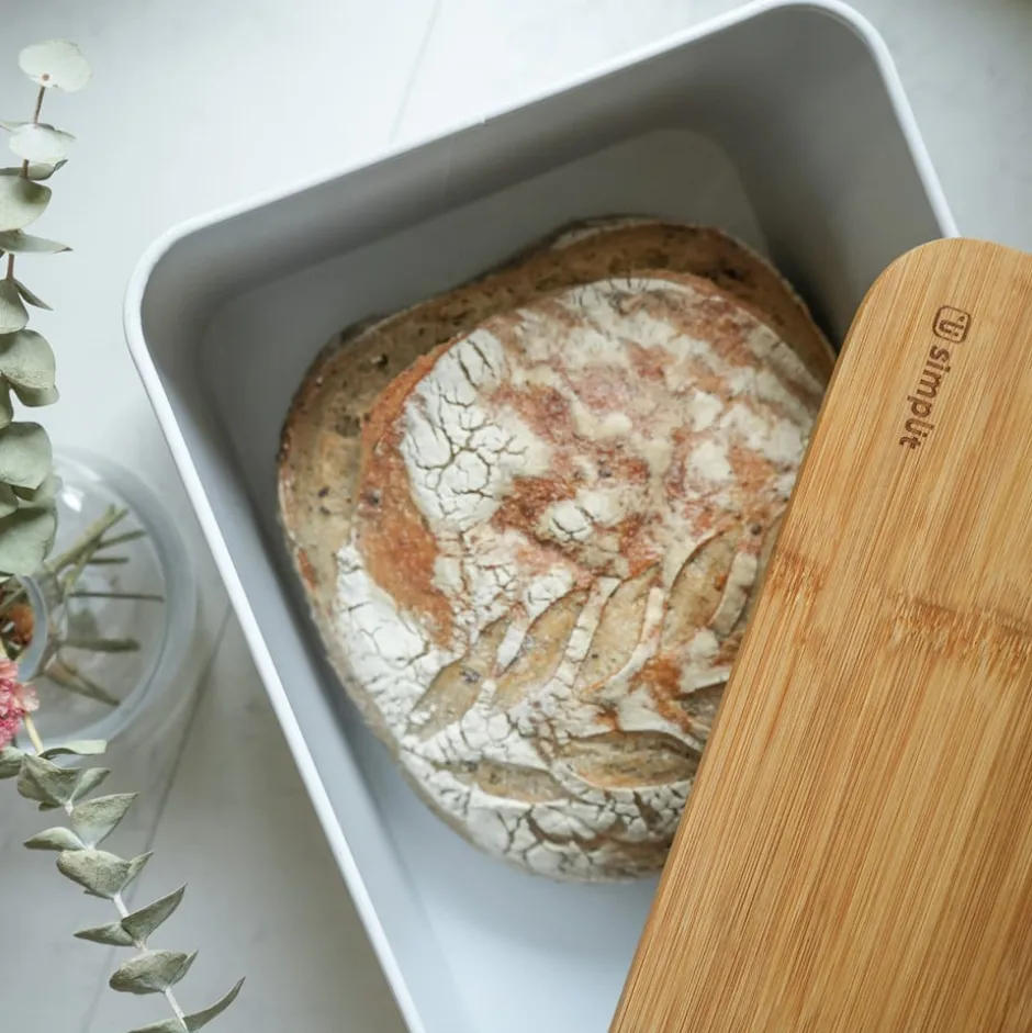 Panera Metalica con Tapa Bambu Blanca Simplit