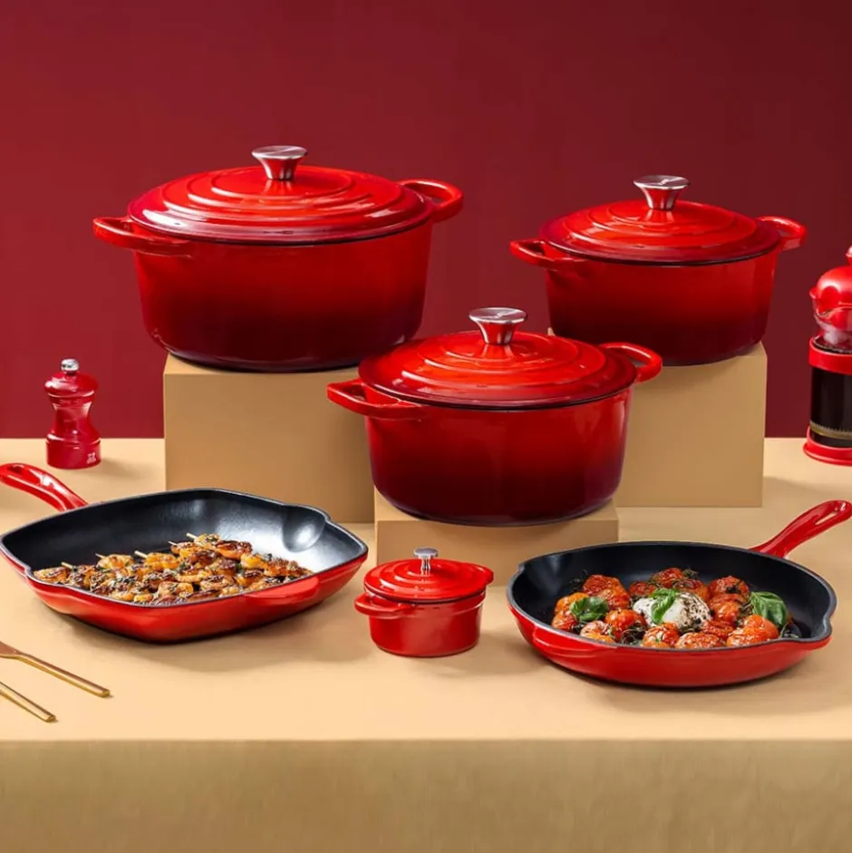 Sartén Grill Fierro Esmaltado Rojo 28x28cm Lugano