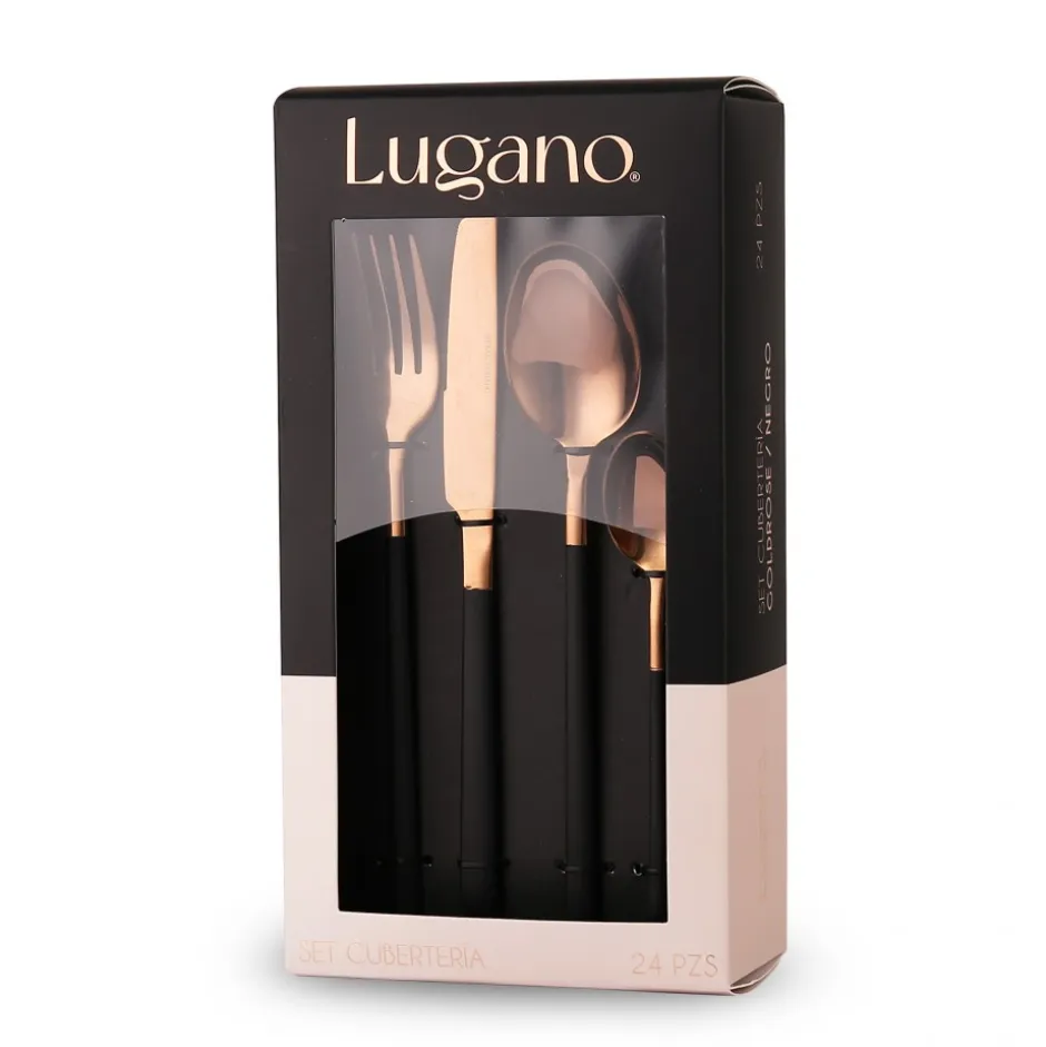 Set de cubiertos 24 Piezas Goldrose/Negro Metal Lugano