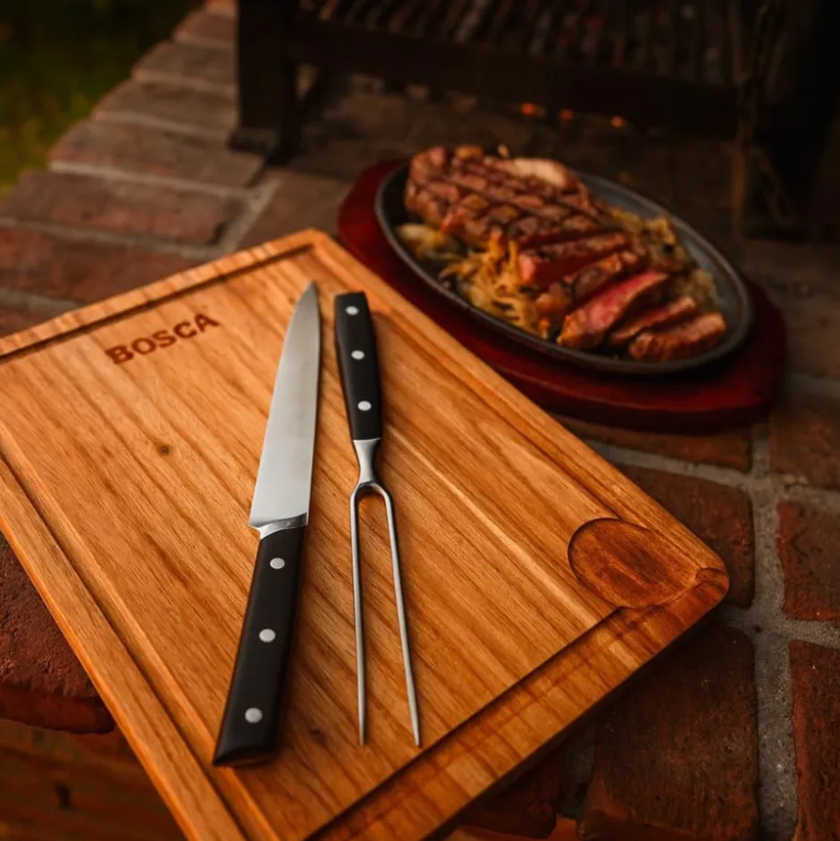 Set Parrillero: Tabla, Cuchillo y Tenedor Bosca