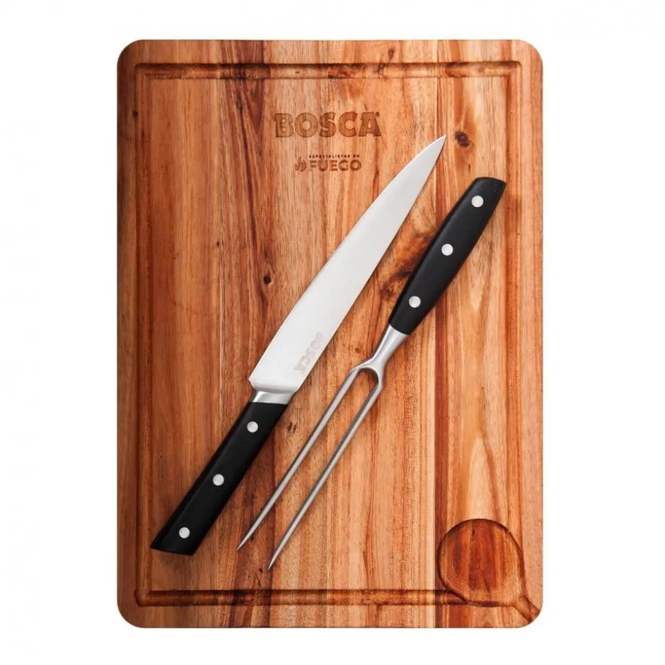 Set Parrillero: Tabla, Cuchillo y Tenedor Bosca