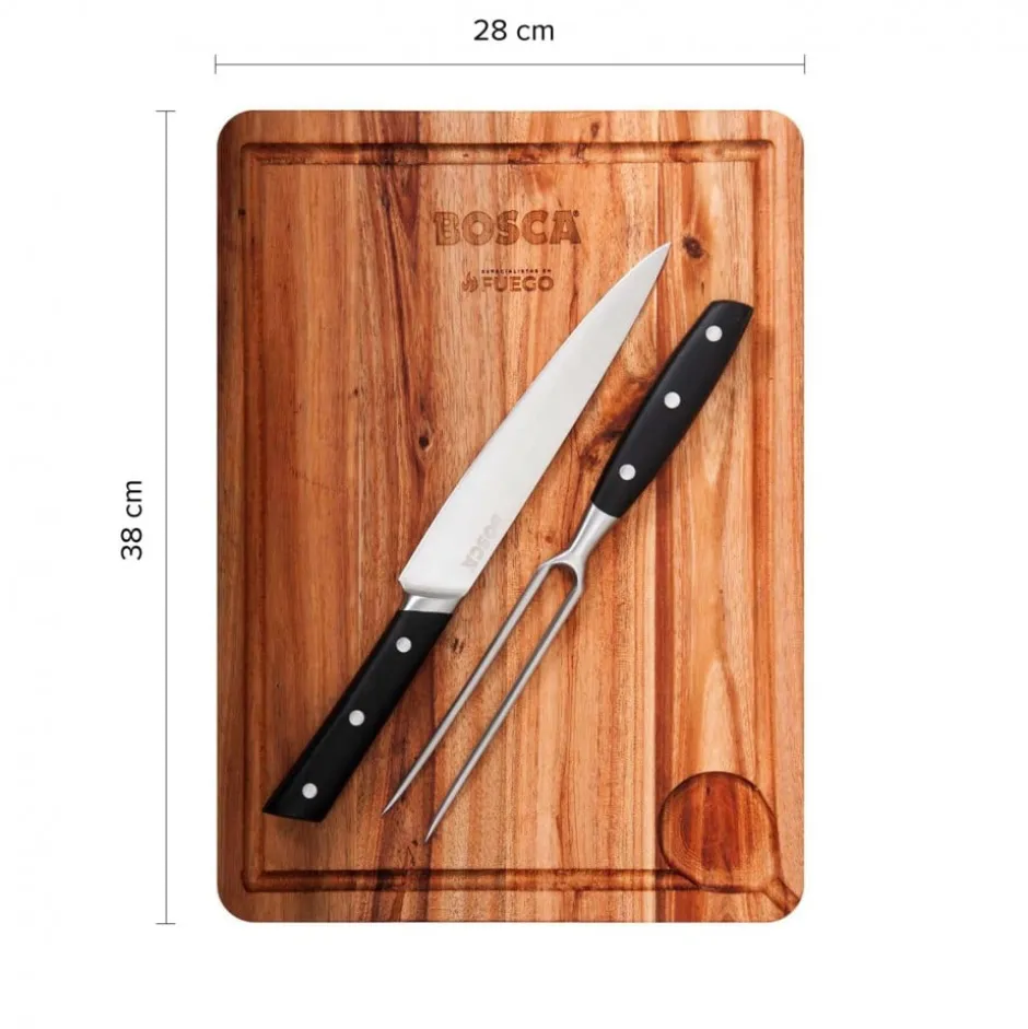 Set Parrillero: Tabla, Cuchillo y Tenedor Bosca
