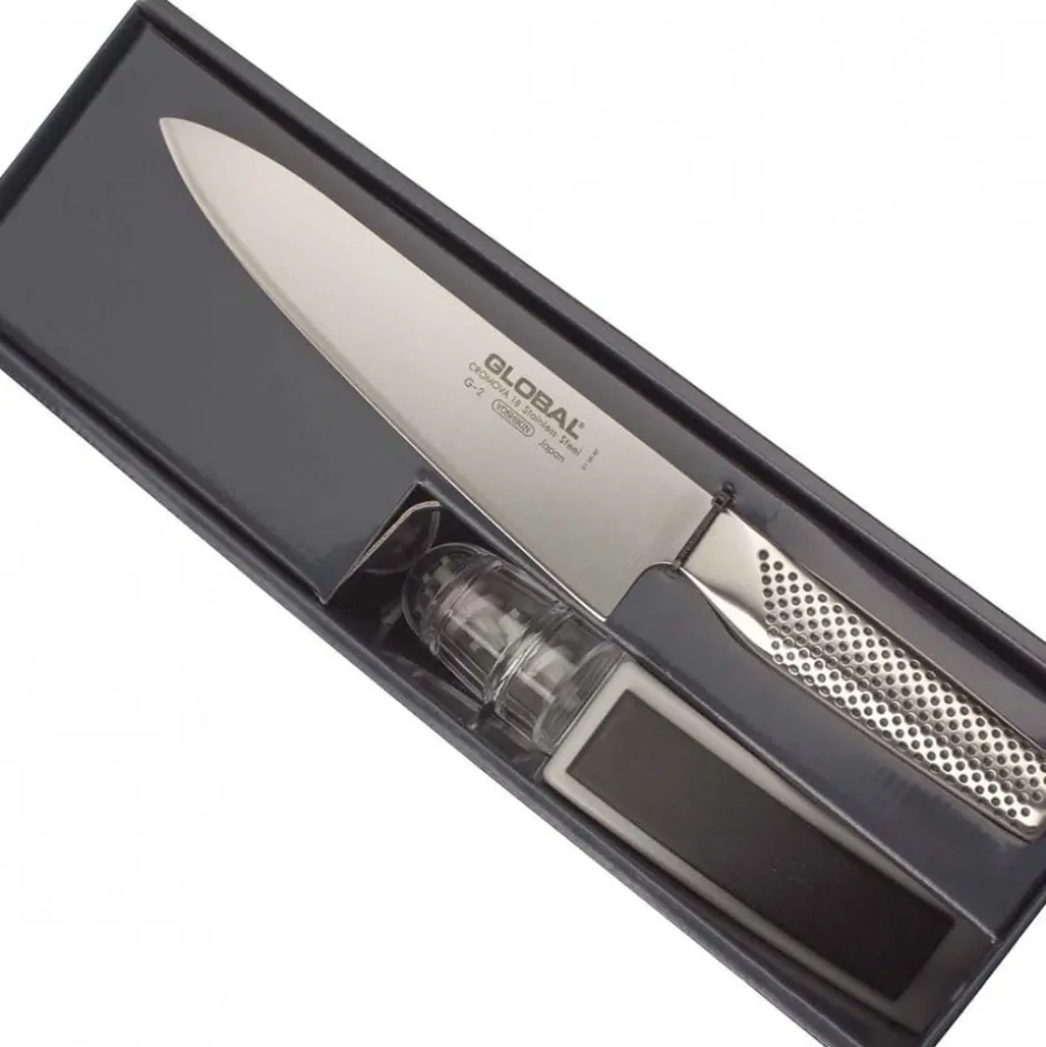 Set 2 piezas Cuchillo G2 y Afilador 220GD Global