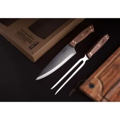 Set 3 piezas Tabla + Cuchillo + Tenedor Parrillero Kangkawe