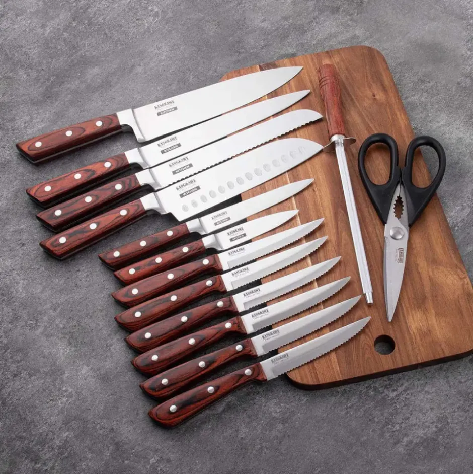 Set Taco de Madera, 12 Cuchillos, Astil y Tijeras Kangkawe